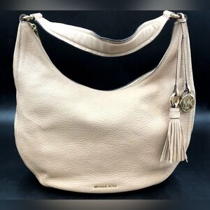 Michael Kors Pebbled Leather Hobo Shoulder Bag - Beige with Tassel Charm